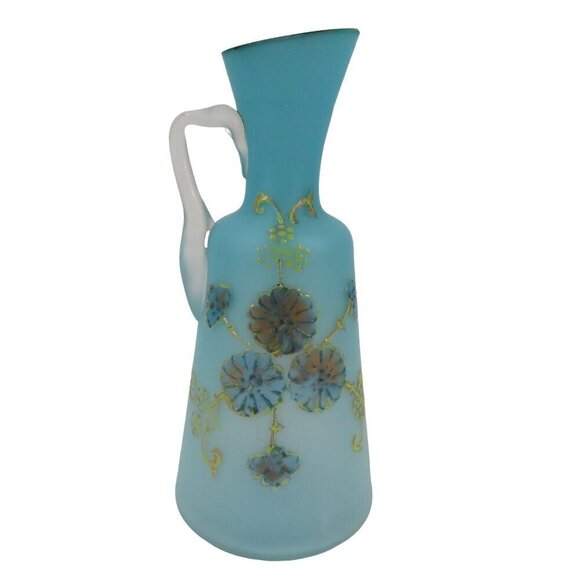Antique Blue Satin Glass Gold Flower Floral Cruet Dressing Pitcher 6.9in Country - Picture 1 of 13